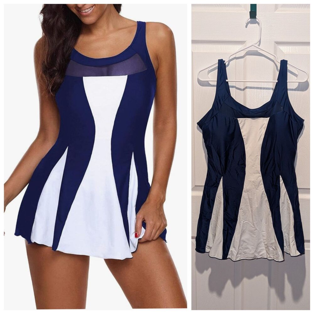 Women's Navy & White Color Block Tummy Control Swim Dress Swimsuit One Piece